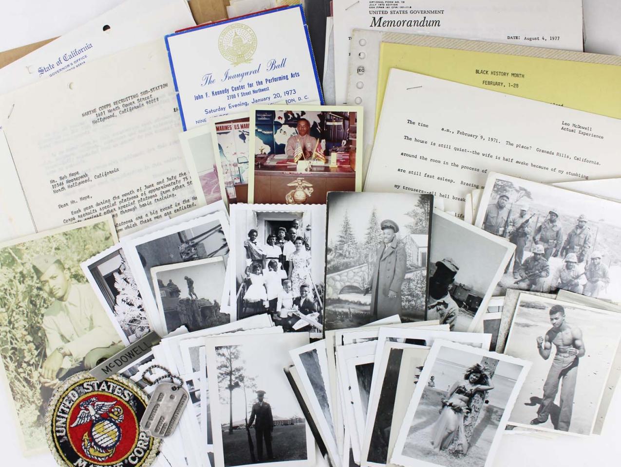 Collage of photos papers ephemera of Leo McDowell collection