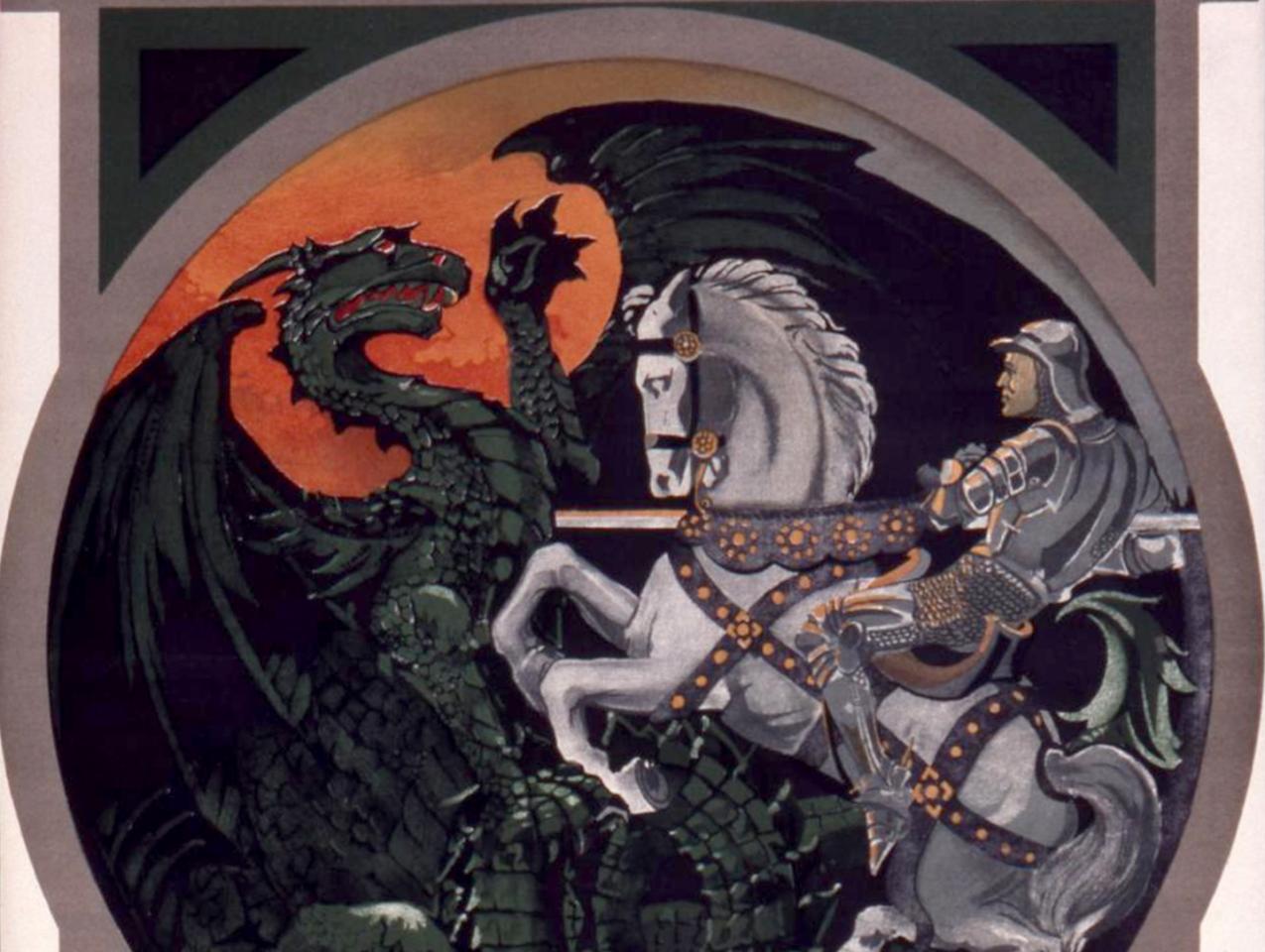 Poster Collection UK 184 showing a knight on a white horse slaying a dragon surrounded by the text "Britain Need You At Once"