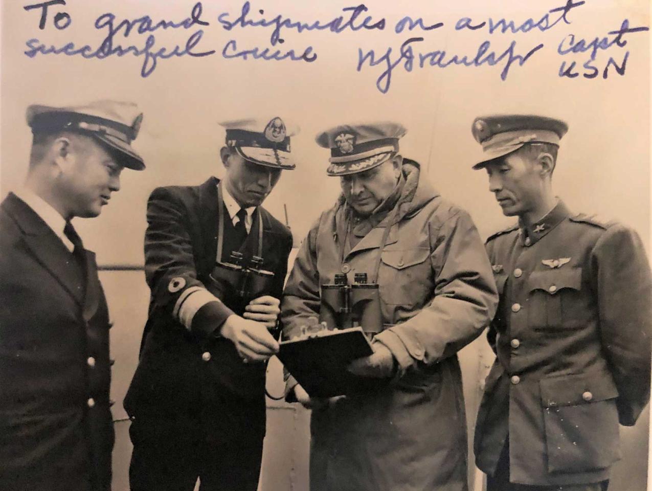 Inscribed sepia colored photo of 4 men in military uniforms with Kao Tsu 2nd from left.