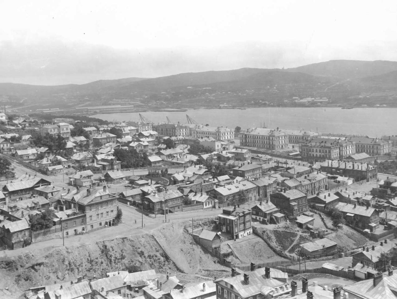Black and white aerial photo of Vladivostok city in Russia