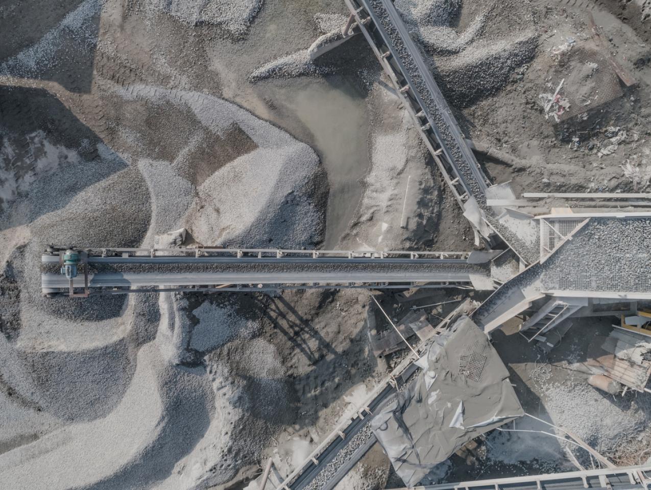 Aerial view of crushed stone quarry machine in a construction material factory stock photo