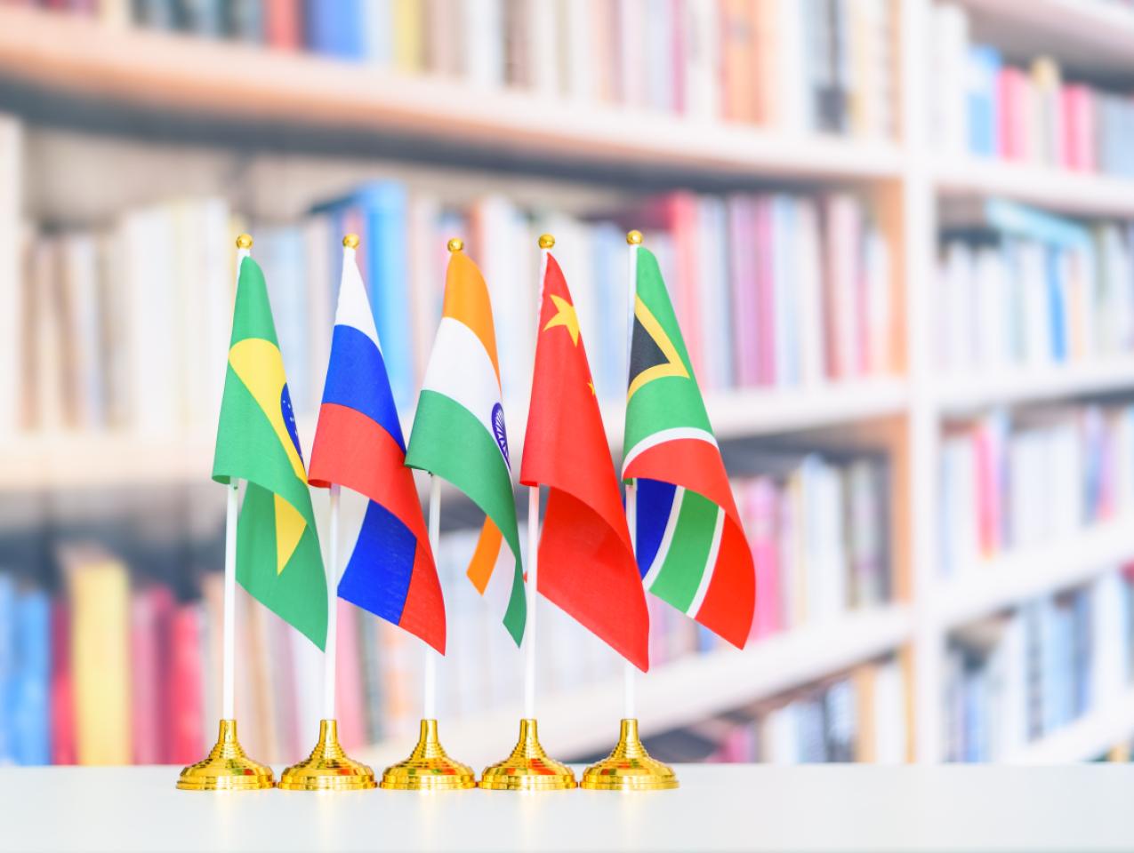 Flags of BRICS or group of five major emerging national economy i.e Brazil, Russia, India, China, South Africa. BRICS members are all leading developing countries.