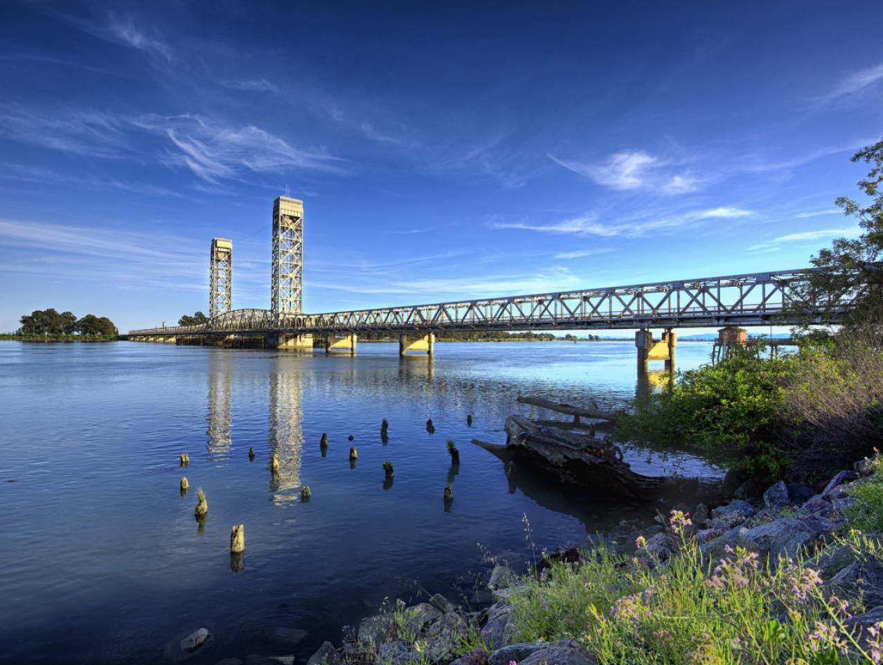 A lift bridge in the delta on a sunny day. Rio Vista, California. USA