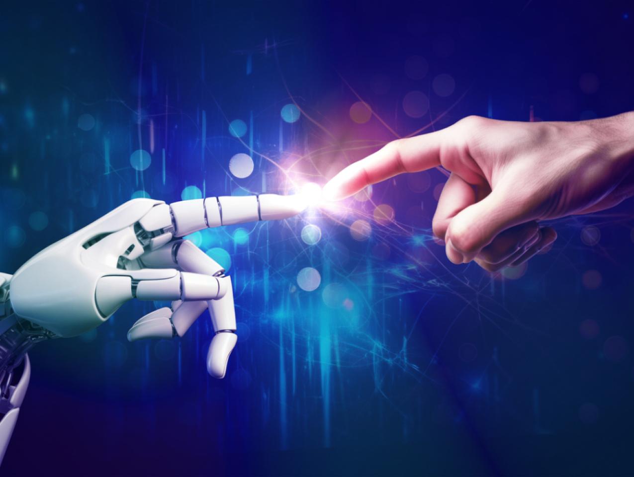 AI, Artificial intelligence, robot and human hands are touching and connecting, unity with human and ai concept, machine learning and futuristic technology background