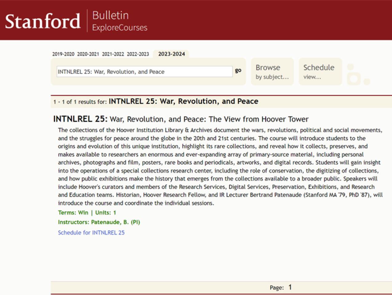 image of Stanford Course catalog featuring INTNLREL 25