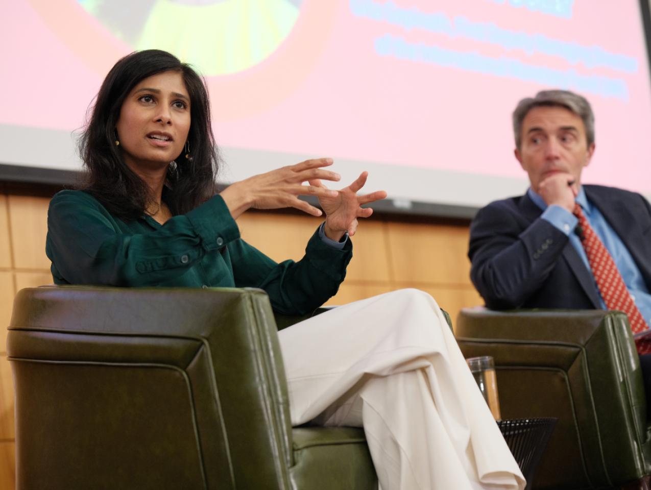 IMF First Managing Deputy Director Gita speaks about risks to global trade and the eroding dominance of the US dollar at Stanford University on May 7, 2024. (Ryan Zhang)