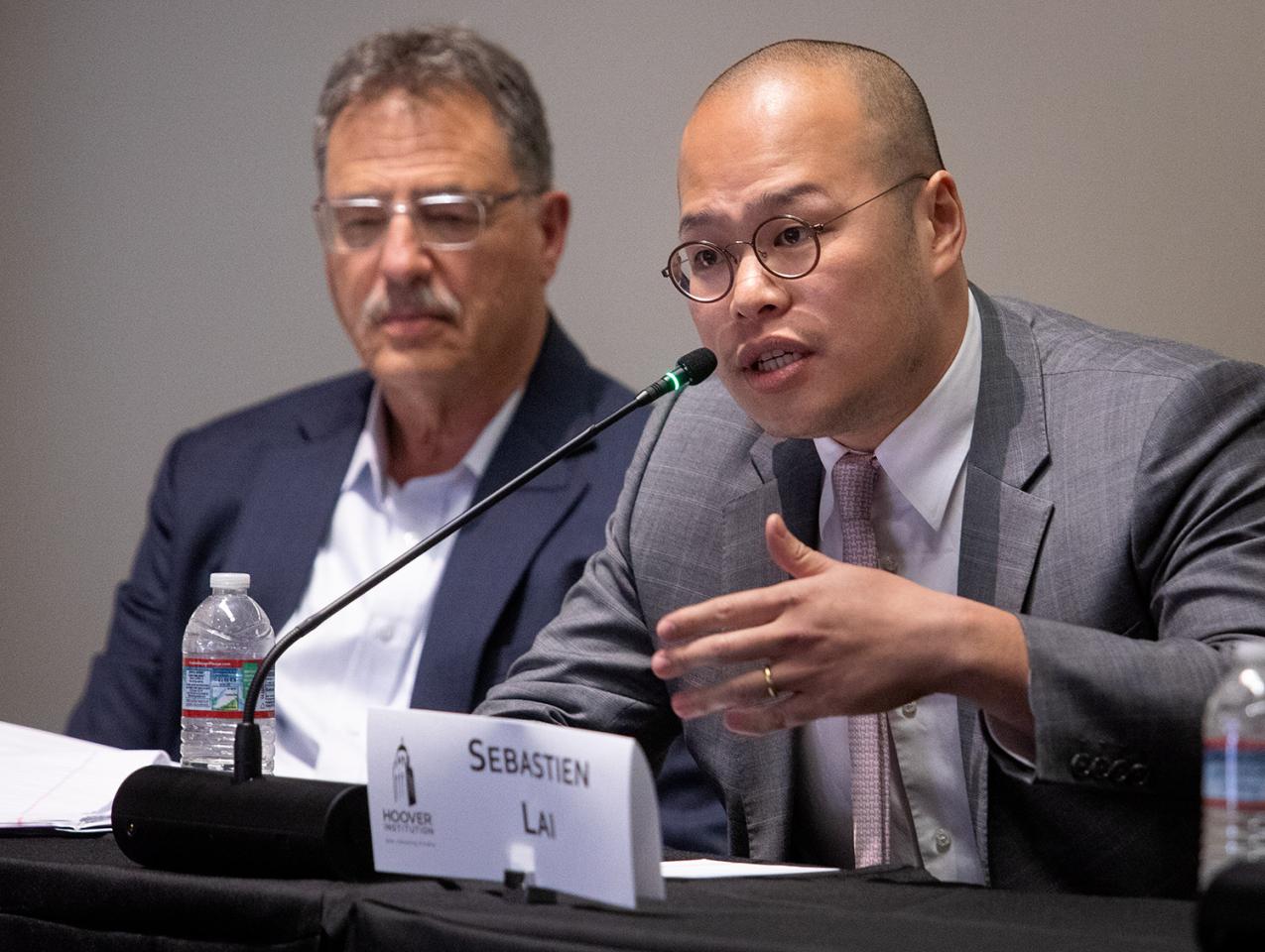 Sebastien Lai, son of imprisoned Hong Kong democracy activist and newspaper publisher Jimmy Lai, speaks at the Hoover Institution on May 14, 2024.