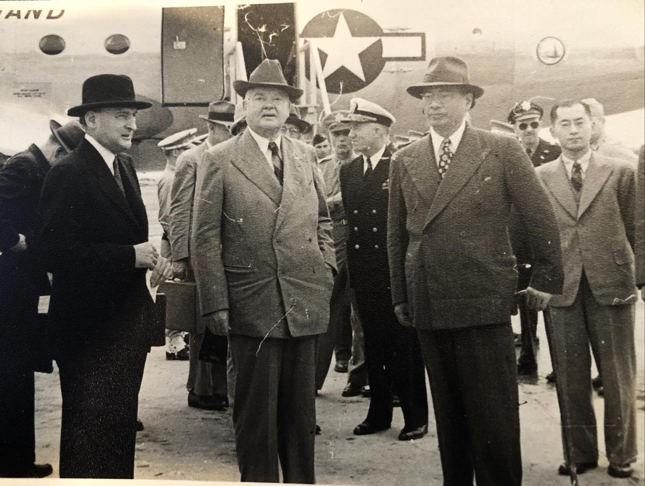 TV Soong greets Herbert Hoover at the Nanking airport, May 1946