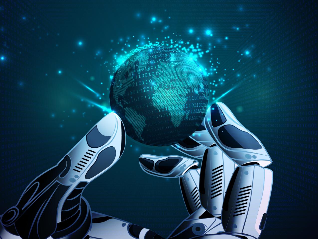 Robotic Hand Holding Virtual Globe stock illustration