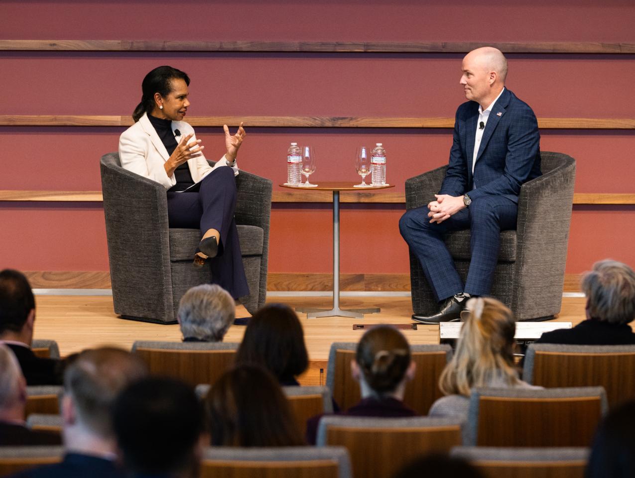 Hoover Institution Director Condoleezza Rice and Utah Governor Spencer Cox speak at the iCivics Civic Learning Week National Forum at the Hoover Institution on March 13, 2025. (Patrick Beaudouin)