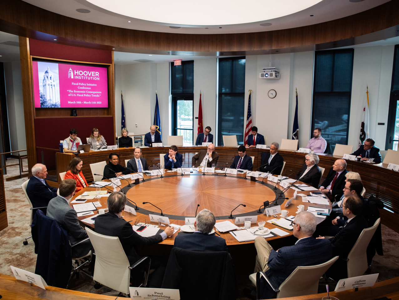 Attendees of the Fiscal Policy Initiative Conference are seen in Annenberg Conference Room at the Hoover Institution on March 10, 2025. (Patrick Beaudouin) 