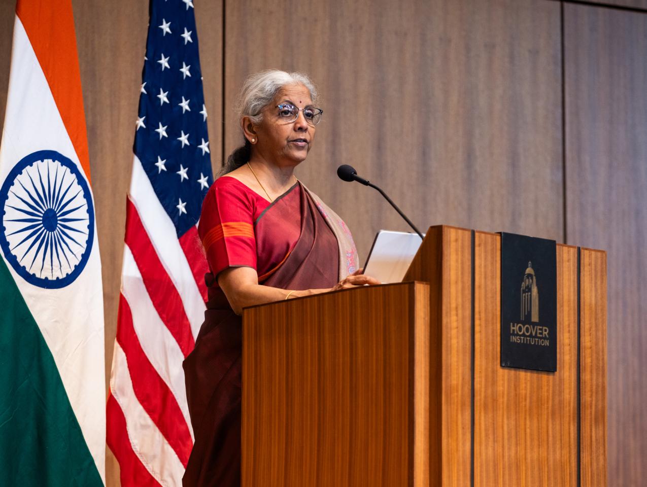 Indian Finance Minister Nirmala Sitharaman speaks about India’s modernization efforts in Hauck Auditorium on April 21, 2025. (Patrick Beaudouin)