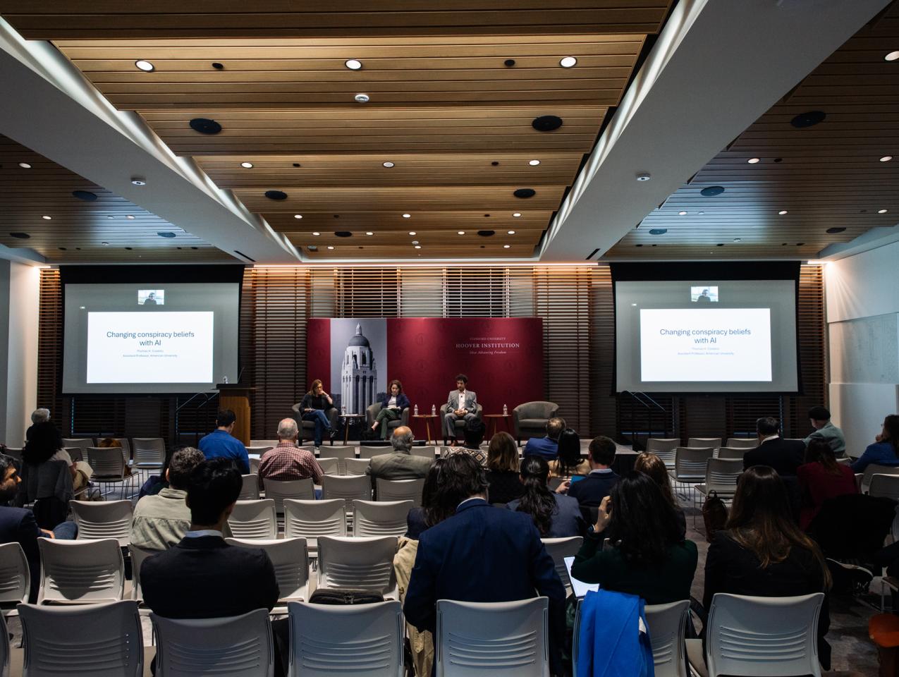 Attendees of the Social Media and Democratic Practice conference are seen in Shultz Auditorium on March 17, 2025. (Patrick Beaudouin)