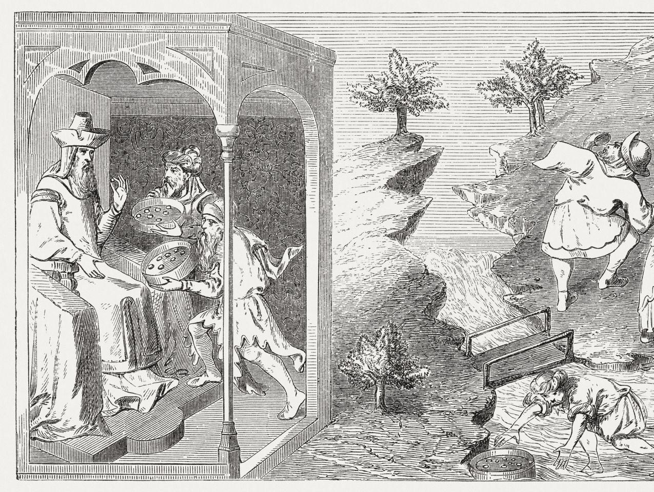Kublai Khan (1216-1294) and pearl fishers, wood engraving, published in 1888 stock illustration