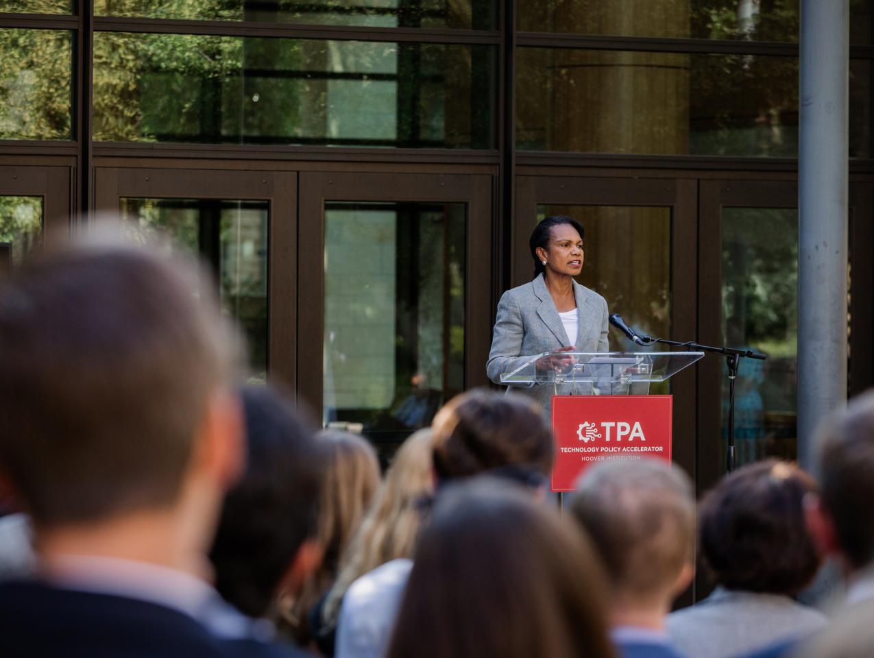Hoover Institution Director Condoleezza Rice speaks at the launch of the Technology Policy Accelerator in Hoover’s Fairweather Courtyard on June 16, 2025. (Patrick Beaudouin)