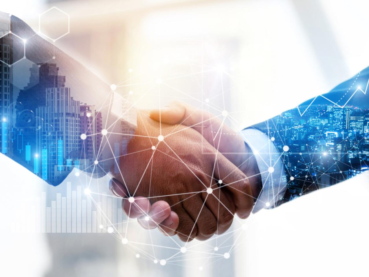 Business Partnership. business man investor handshake with effect global network link connection and graph chart of stock market graphic diagram, digital technology, internet and partnership concept stock photo