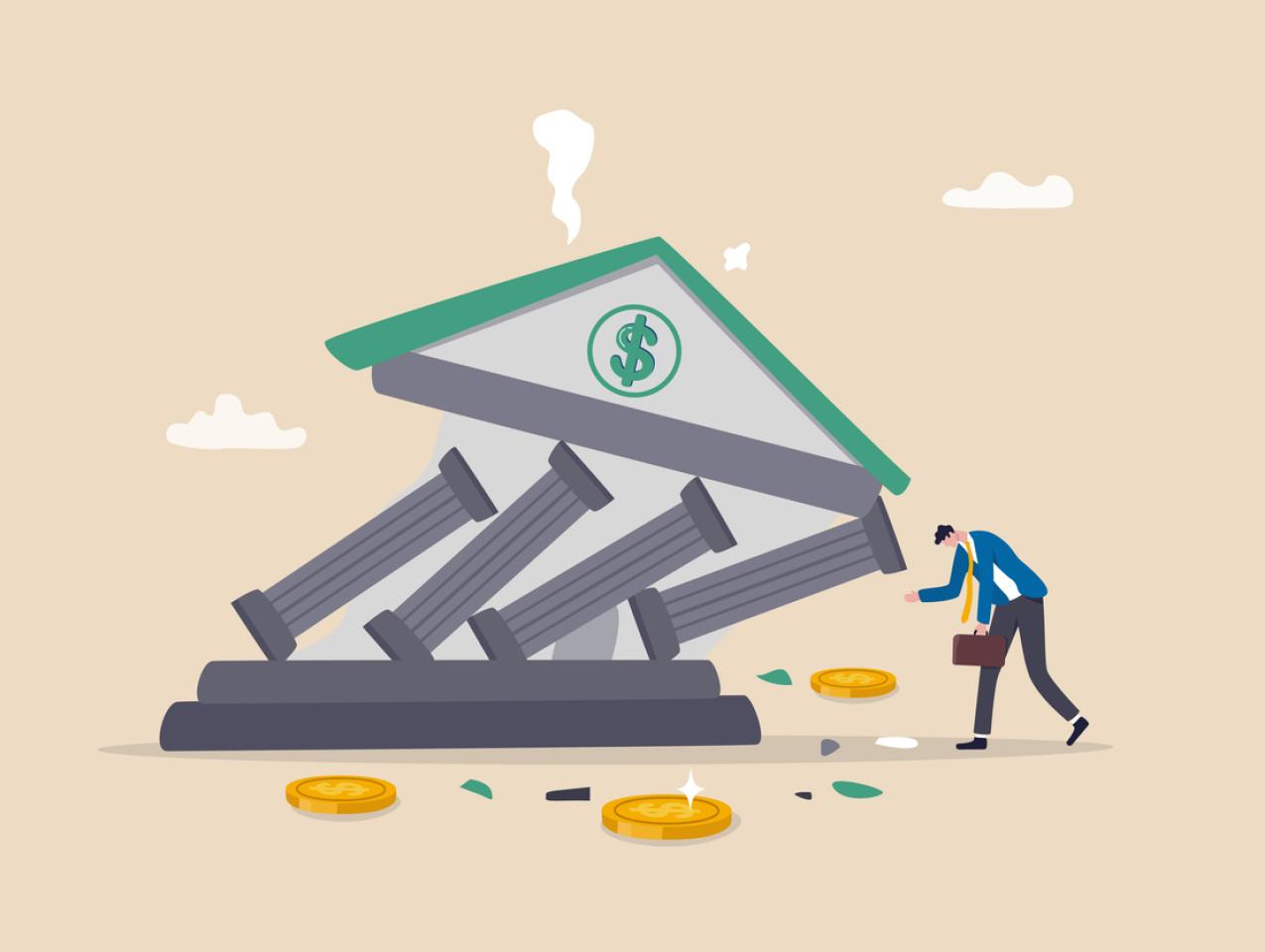 Banking collapse or bank run, financial crisis or bankruptcy problem, stock market crash or credit risk, failure or investment failure concept, frustrated businessman look at collapsing bank building. stock illustration