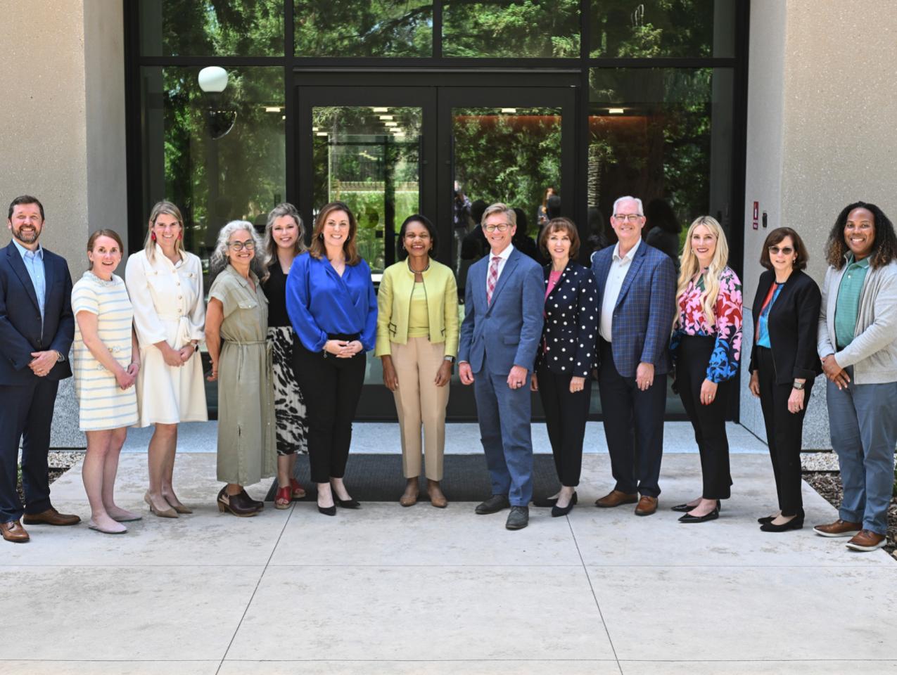 State education chiefs pose for a photo with Hoover Institution Director Condoleezza Rice on May 15, 2025. (Rod Searcey)