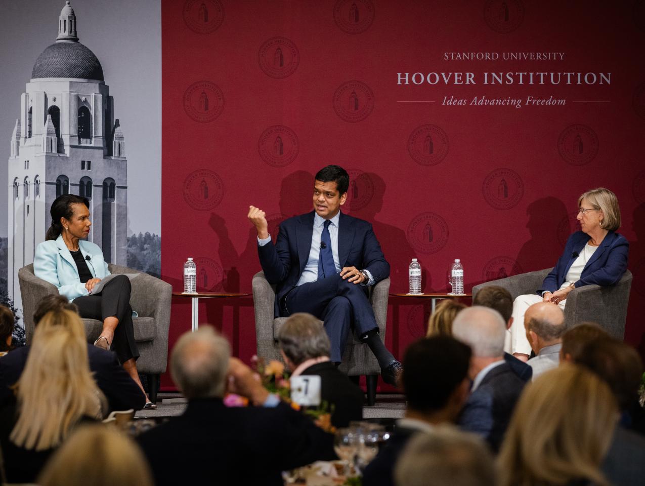 Hoover Institution Director Condoleezza Rice discusses AI policy with Sriram Krishnan (center) and Mary Meeker (right) in Blount Hall on July 9, 2025. (Patrick Beaudouin)