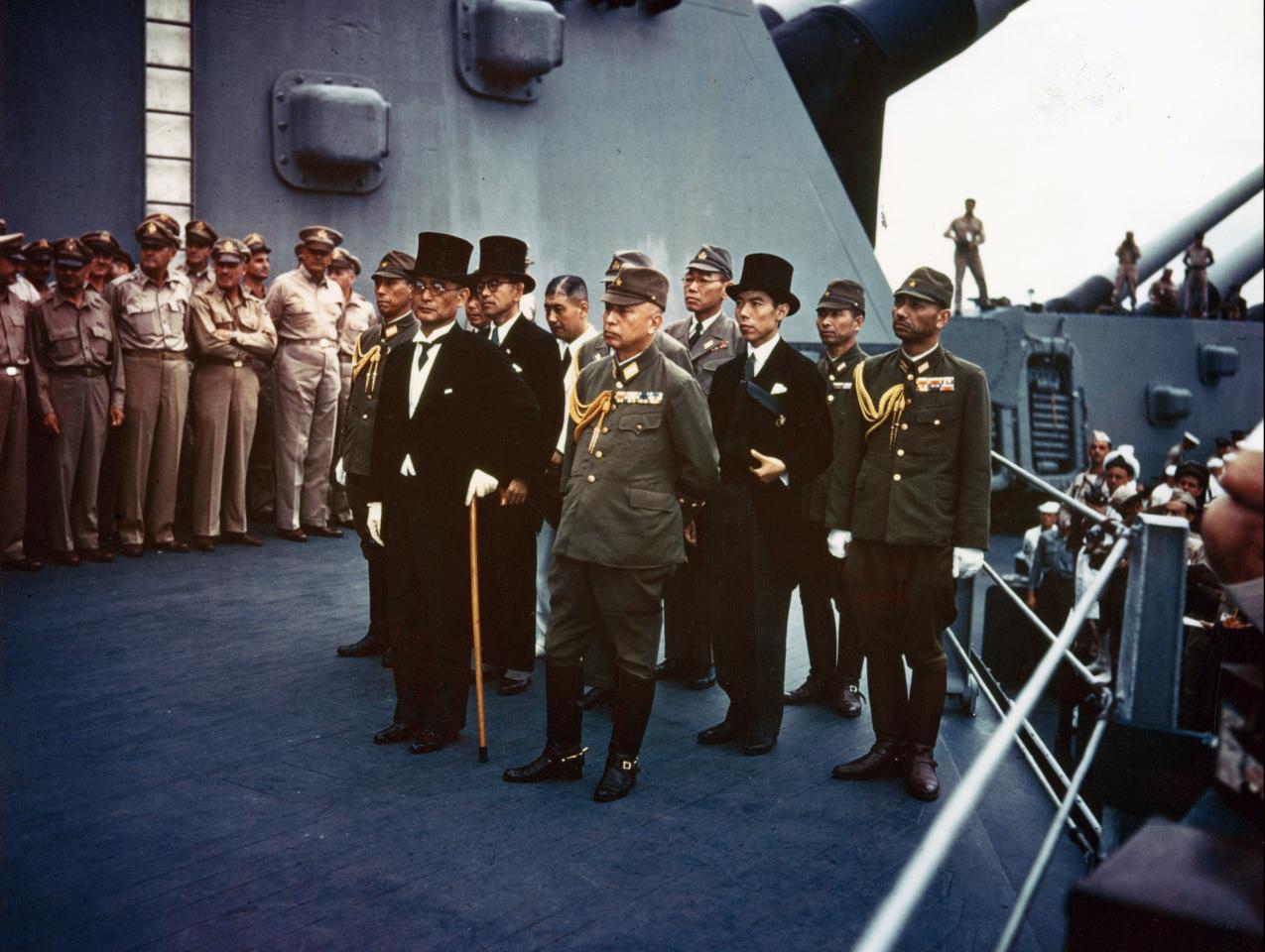 The surrender of Japan ceremony takes place aboard the battleship USS Missouri in Tokyo Bay, Japan, Sept. 2, 1945. Credit: Army VIRIN: 450902-O-ZZ999-001C