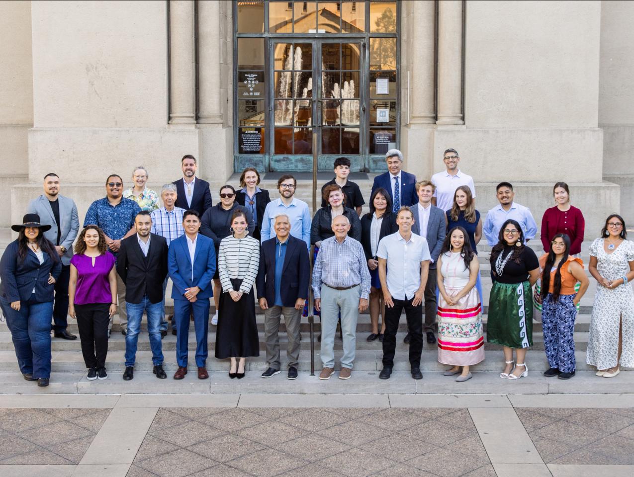 Attendees at the fifth annual Hoover Institution Indigenous Student Seminar are seen in front of Hoover Tower on August 4, 2025. (Patrick Beaudouin)