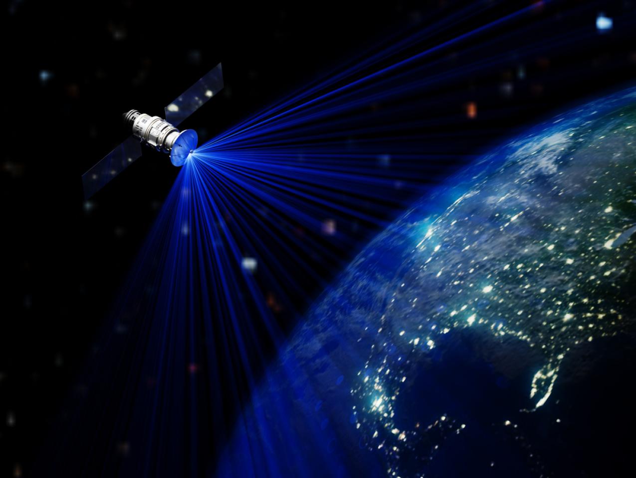 Satellite In Space Station Orbiting Earth stock photo