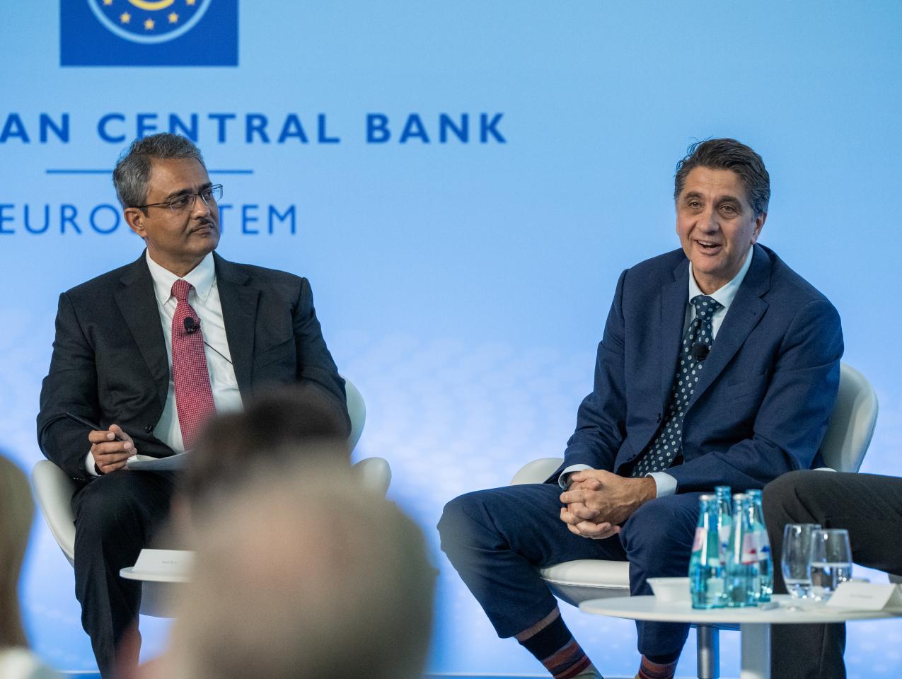 Senior Fellow Amit Seru (left), co-director of Hoover's Financial Regulation Working Group, chairs a panel on non-bank financial intermediaries, including Nicola Cetorelli (right), head of financial intermediation at the Federal Reserve Bank of New York. Photo credit: Andrej Hanzekovic/ECB