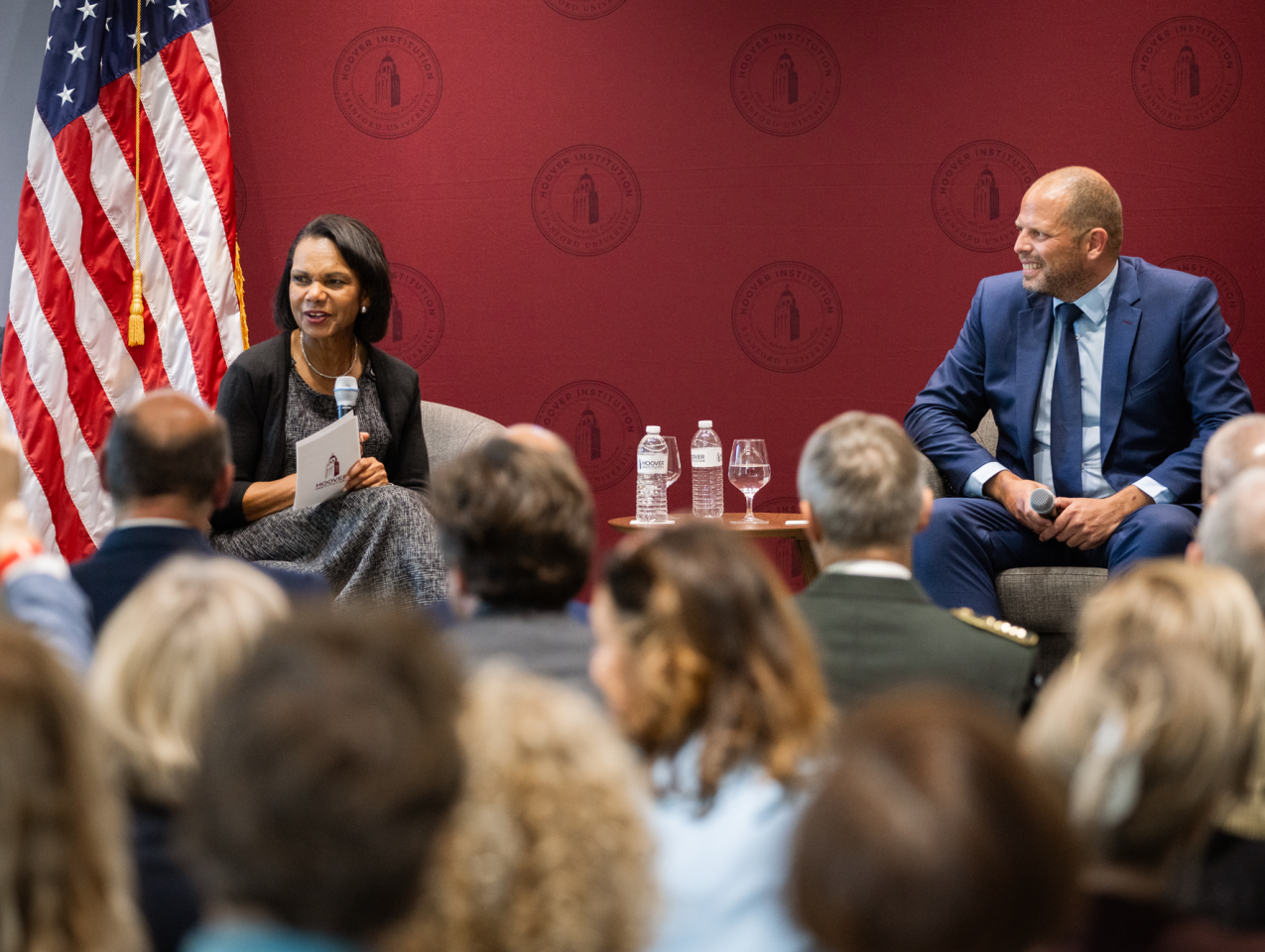 Hoover Institution Director Condoleezza Rice and Belgian Minister of Defence Theo Francken speak in Hoover’s Shultz Auditorium on October 7, 2025. (Patrick Beaudouin)