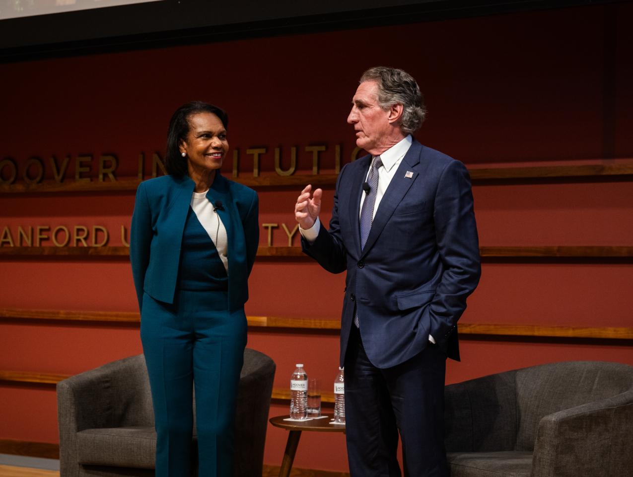 Hoover Institution Director Condoleezza Rice and Secretary of Interior Doug Burgum are seen in Hauck Auditorium on October 10, 2025. (Patrick Beaudouin)