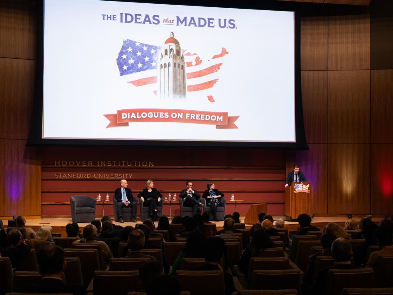 Speakers for Ideas That Made U.S.: Dialogues on Freedom, are seen in Hauck Auditorium on February 11, 2026. (Patrick Beaudouin) 
