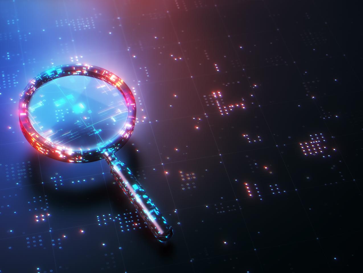 Digital Glitter Magnifying Glass on Technological Background, Search Engine Solution analysis Concept stock photo