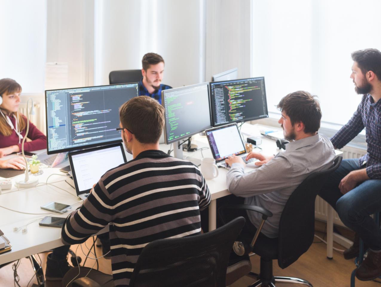 Software developing team working in the office stock photo