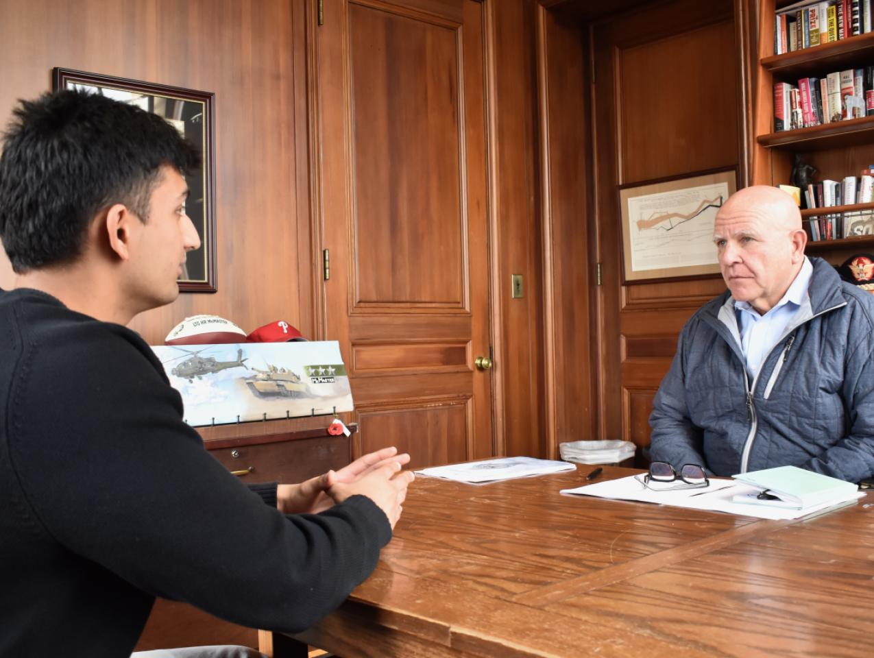 Ahvish Roy (left) and H.R. McMaster discuss Roy’s work at Hoover inside McMaster’s office in Hoover Tower on January 21, 2026. (Chris Herhalt)