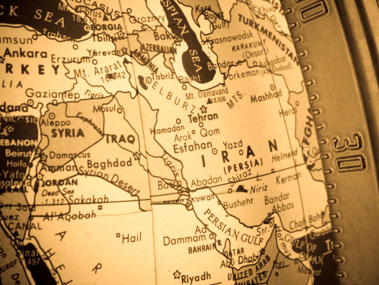Closeup of Middle East Map Region On Globe Cross-processed - stock photo