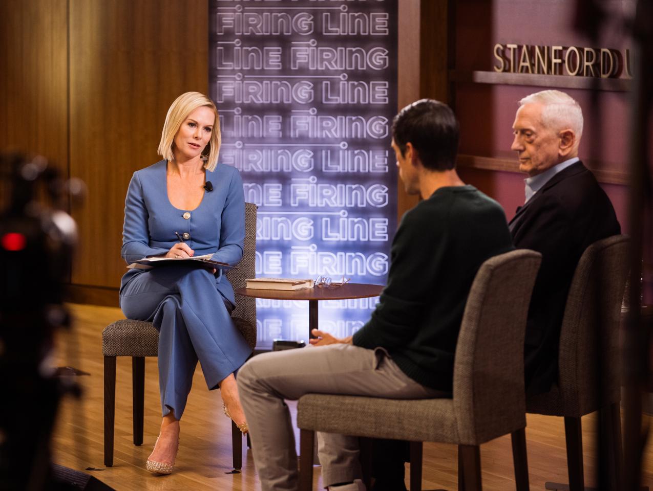The Firing Line host Margaret Hoover speaks with Distinguished Fellow Jim Mattis and author Ryan Holiday in Hauck Auditorium on March 18, 2026. (Patrick Beaudouin)