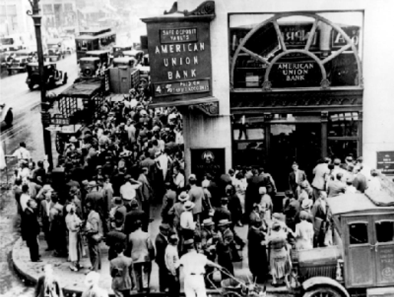 Crowd at New York's American Union Bank during a bank run early in the Great Depression.