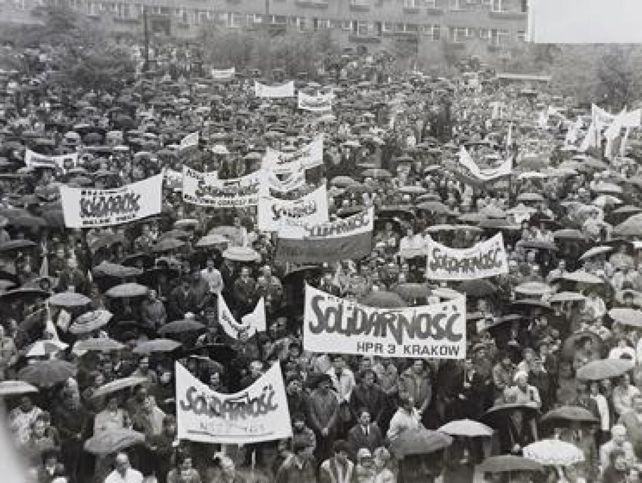 Black and white photograph of a Solidarity demonstration in Poland, 1989