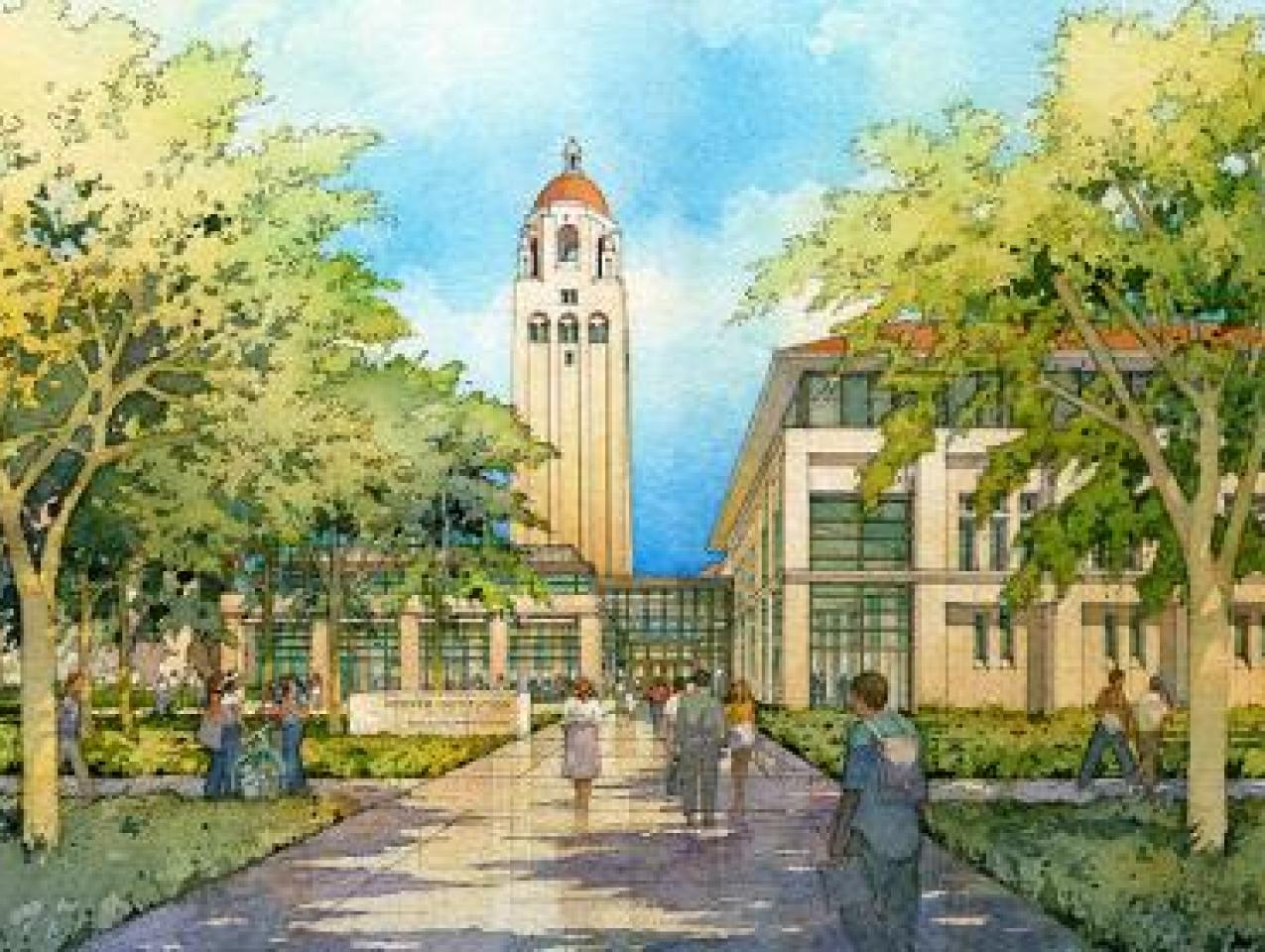 Color painting of the Hoover Tower and Traitel Building, Stanford University