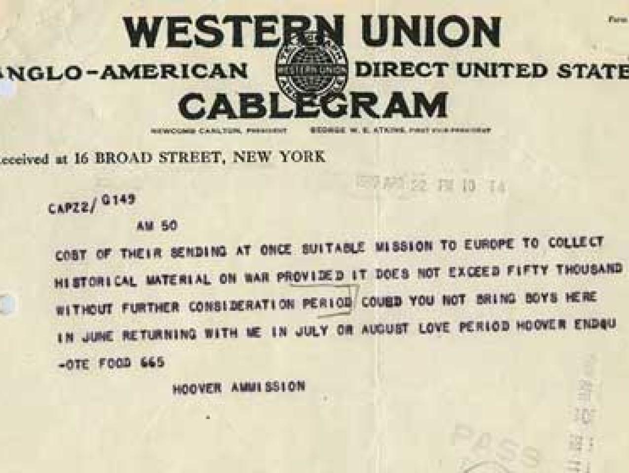 Western Union Telegram from Herbert Hoover April 22 1919