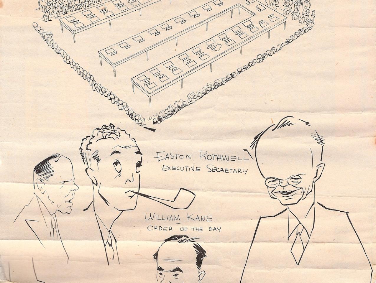 Satirical drawing of the members of the secretariat of the conference; C. Easton Rothwell on the right (Andrew Roy De Metriff Papers, Hoover Institution Archives)