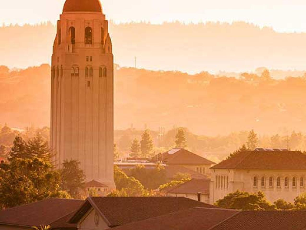Stanford campus with view of  Hoover Tower and surrounding buildings