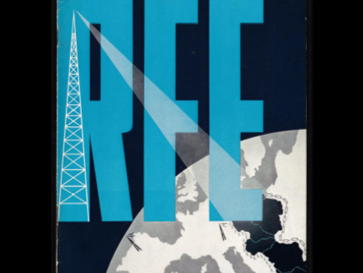 Cover of a booklet produced by Radion Free Europe and showing large RFE letters in blue with a white radio tower over the left side of the R, and broadcasting to eastern europe