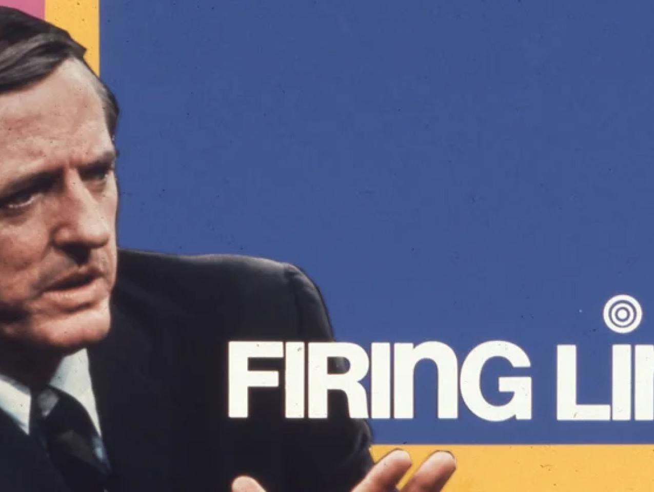 Color promotional image of William F. Buckley Jr. with white text which reads Firing Line