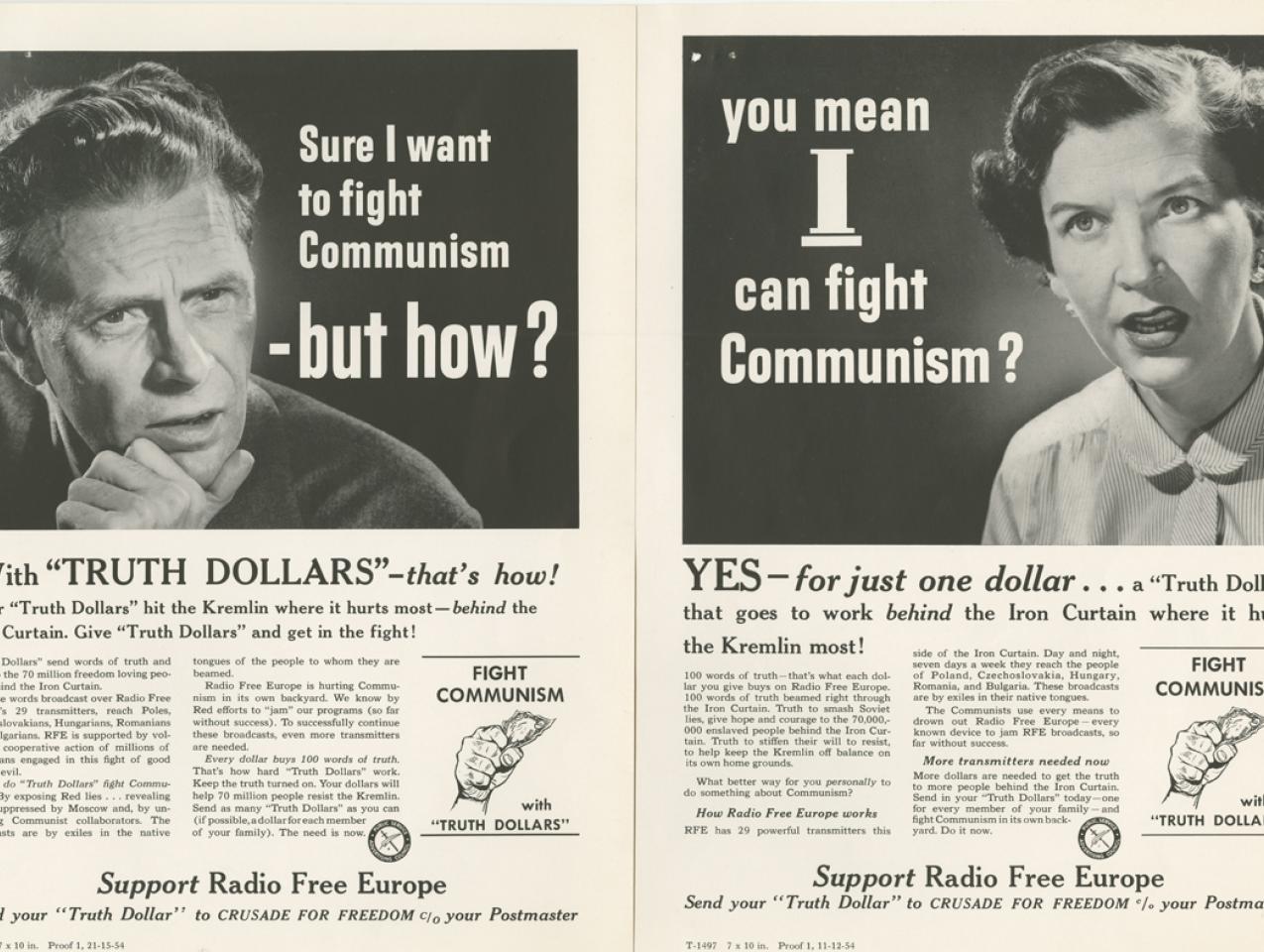 Proofs of advertisements from the Crusade for Freedom Advertising Council&#039;s &quot;Truth Dollar&quot; campaign, 1954  (Radio Free Europe/Radio Liberty, Inc. Corporate Records, Box 2236, Folder 1)