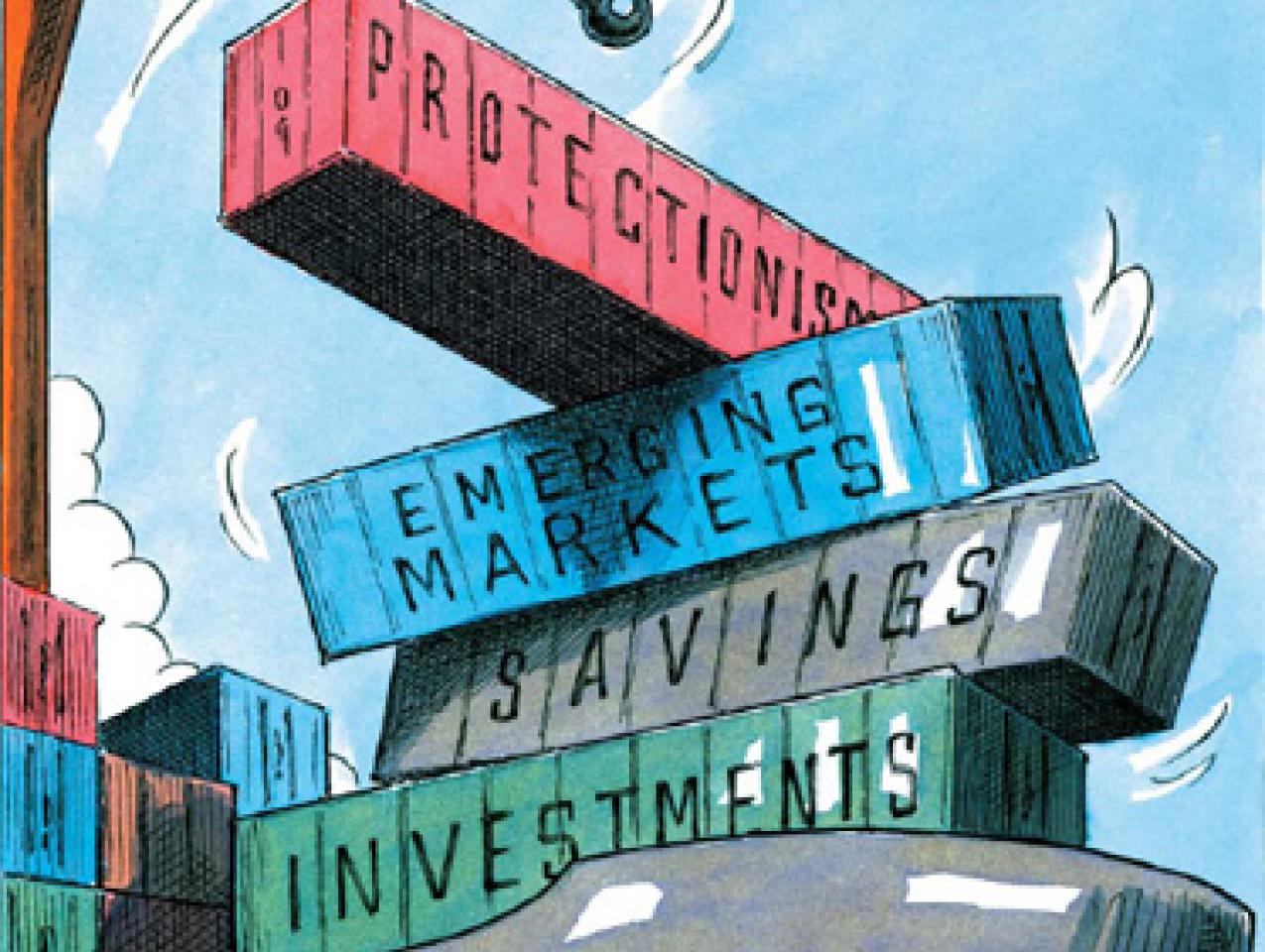 Ship and containers labeled with economic terms