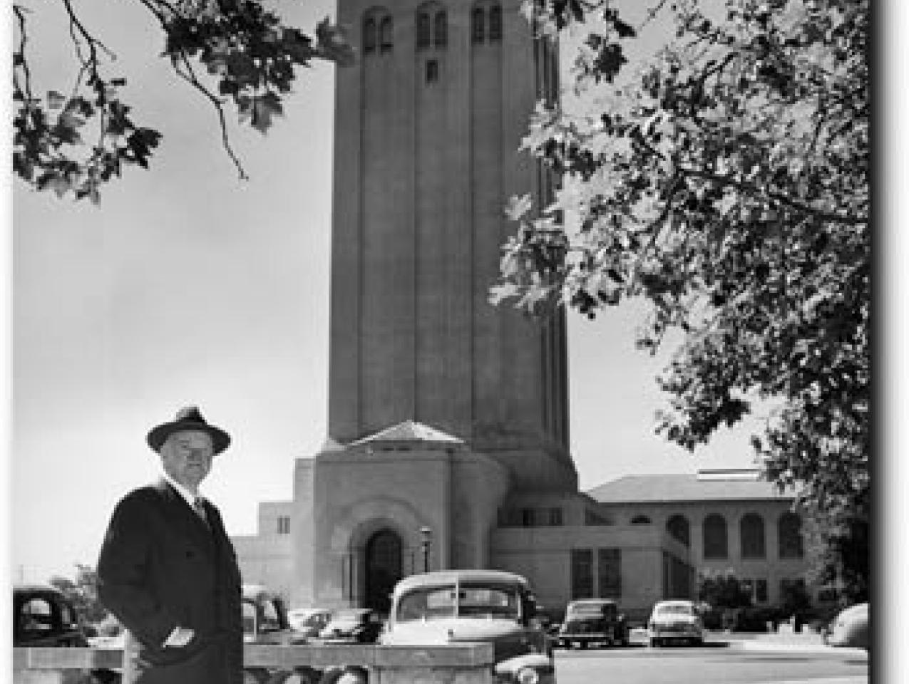 Former president Herbert Hoover poses with his namesake tower in August 1951.