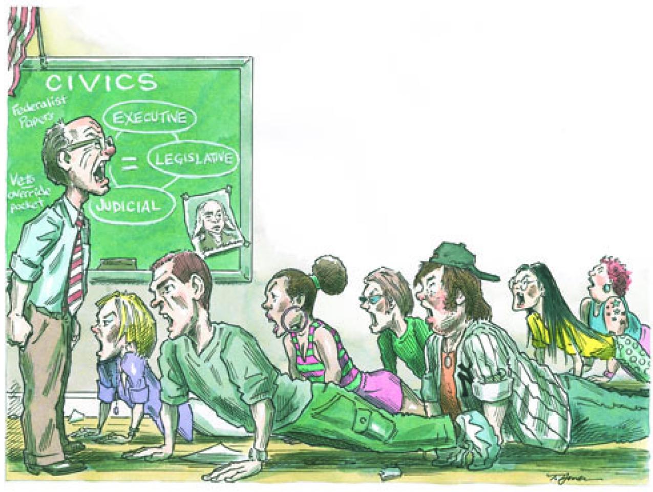 Teacher shouting and kids doing pushups cartoon