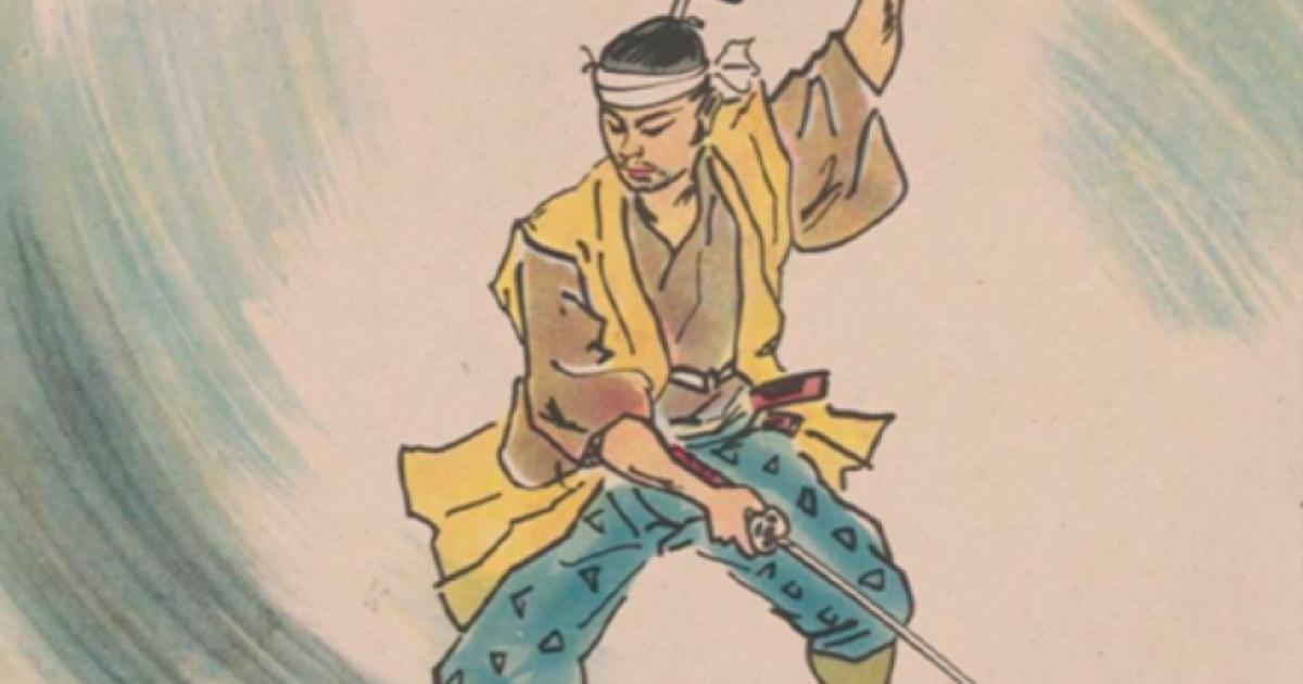 kamishibai card illustration showing a samurai weilding two swords.
