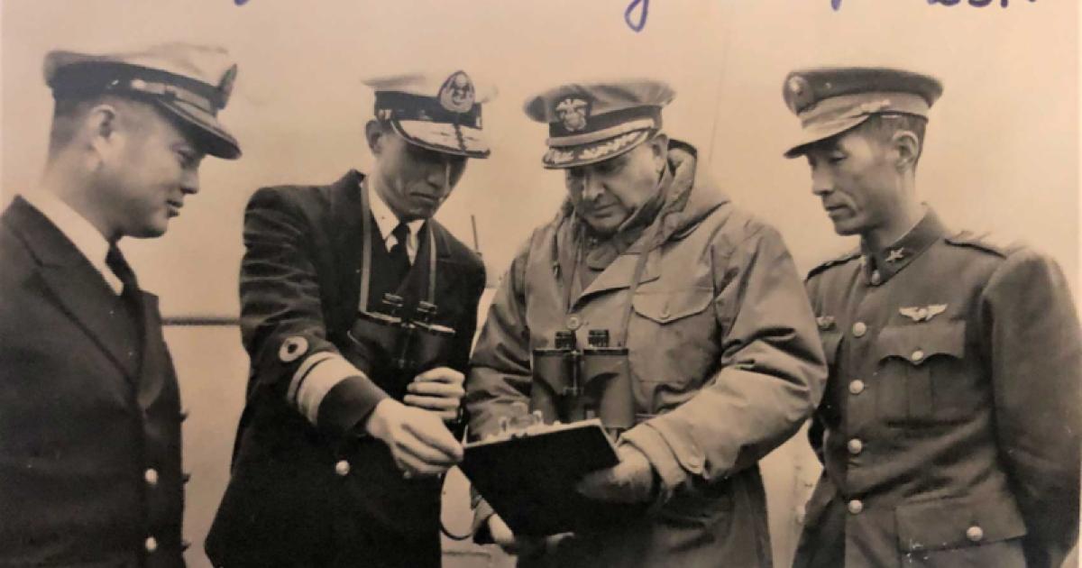 Inscribed sepia colored photo of 4 men in military uniforms with Kao Tsu 2nd from left.