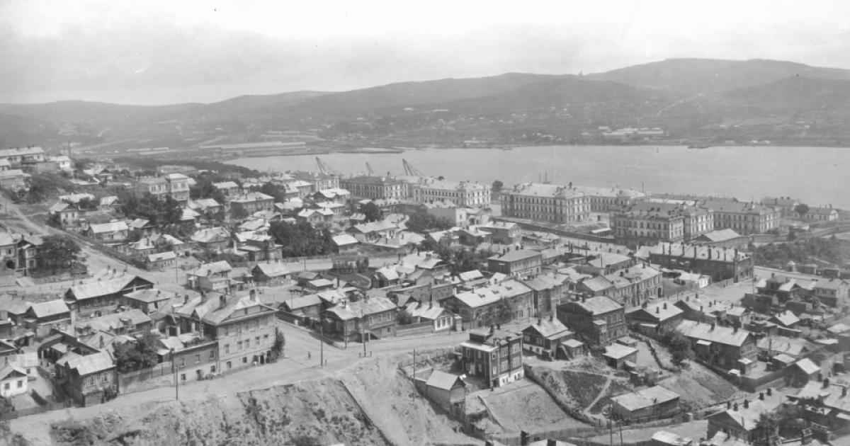 Black and white aerial photo of Vladivostok city in Russia